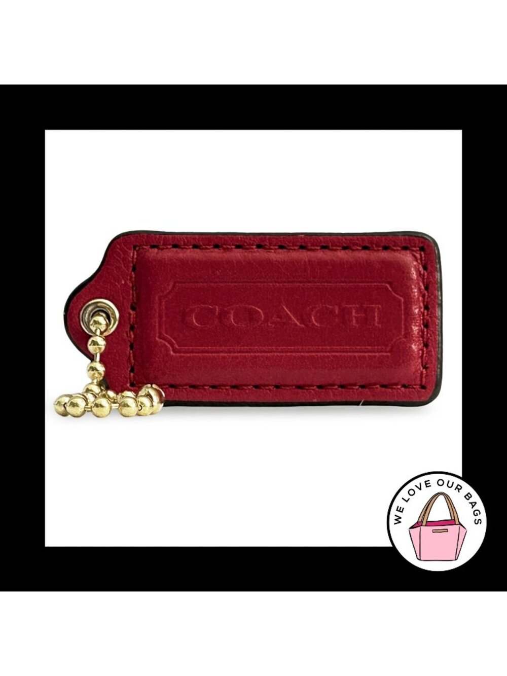 COACH HANG TAG 2.25" Red Smooth Leather Bag Charm Keychain Fob Brass Large